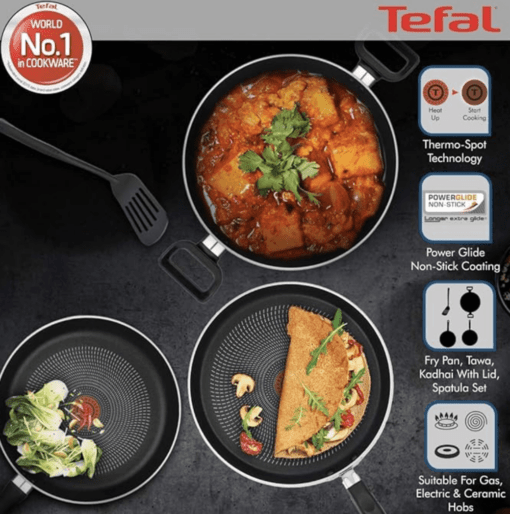 Tefal Delicia Powerglide Non-Stick Tawa 26 cm, Kadhai 24 cm, Fry 24 cm with Lid, Spatula (Pack of 4, Black), Standard, (B154S584) - Image 3